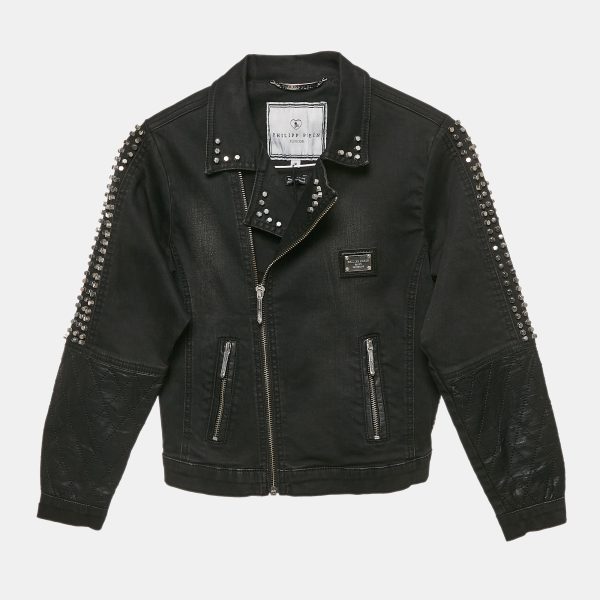 Philipp Plein Junior Black Studded Faux Leather Denim Jacket 8 Yrs