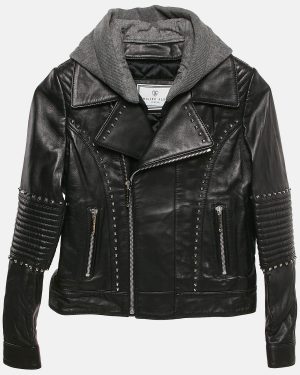 : Philipp Plein Junior Black Studded Leather Detachable Hood Biker Jacket 8 Yrs