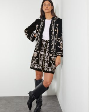 Phoebe Embroidered Velvet Mini Skirt Black