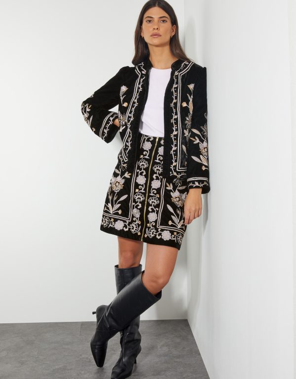 Phoebe Embroidered Velvet Mini Skirt Black