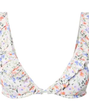 Pieces Floral Print Frill Bikini Top - Cream