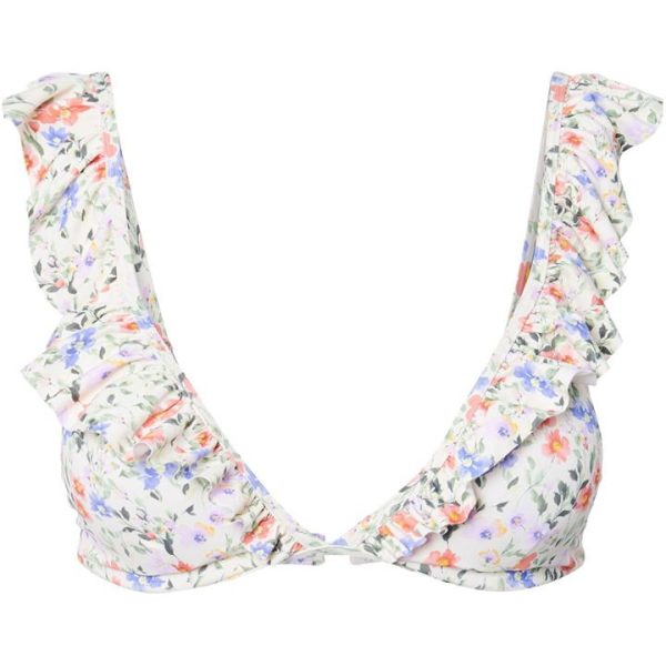 Pieces Floral Print Frill Bikini Top - Cream