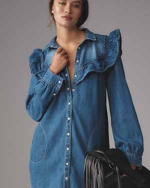 Pilcro Long-Sleeve Ruffled Denim Mini Shirt Dress