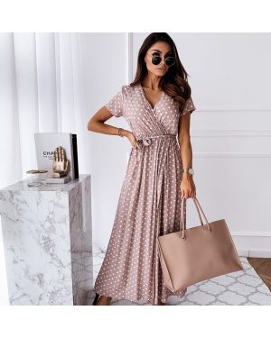 (Pink, 2XL) Women V Neck Polka Dot Long Maxi Dress Summer Holiday