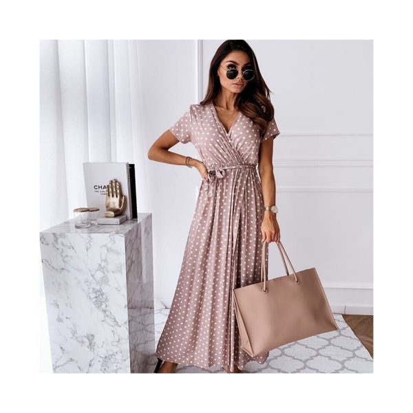 (Pink, 2XL) Women V Neck Polka Dot Long Maxi Dress Summer Holiday