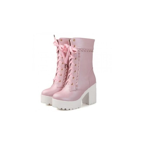 (Pink, 5) Chunky Lace Platform Lolita Boots
