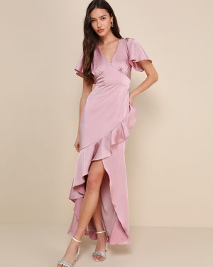 Pink Bridesmaid Dress V-Neck Ruffles Asymmetrical A-Line Prom Maxi Dress