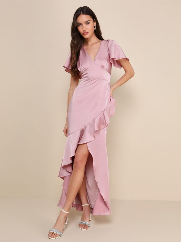 Pink Bridesmaid Dress V-Neck Ruffles Asymmetrical A-Line Prom Maxi Dress