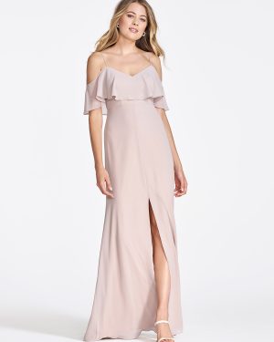Pink Chiffon Bridesmaid Dress Cold Shoulder Ruffled Split A-Line Maxi Gowns