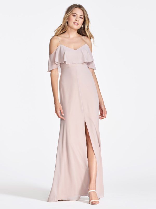 Pink Chiffon Bridesmaid Dress Cold Shoulder Ruffled Split A-Line Maxi Gowns
