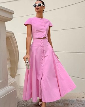 Pink Crop Top And High-Waist Long Skirt Set For Summer 2025