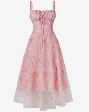 Pink Embroidered Retro Dress A-line 1950s Audrey Hepburn Style Midi Swing Dress For Women 2025