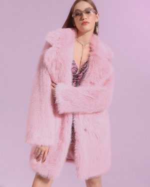 Pink Faux Fur Midi Coat With Notched Lapel Eco-friendly Long Jacket For Women 2025