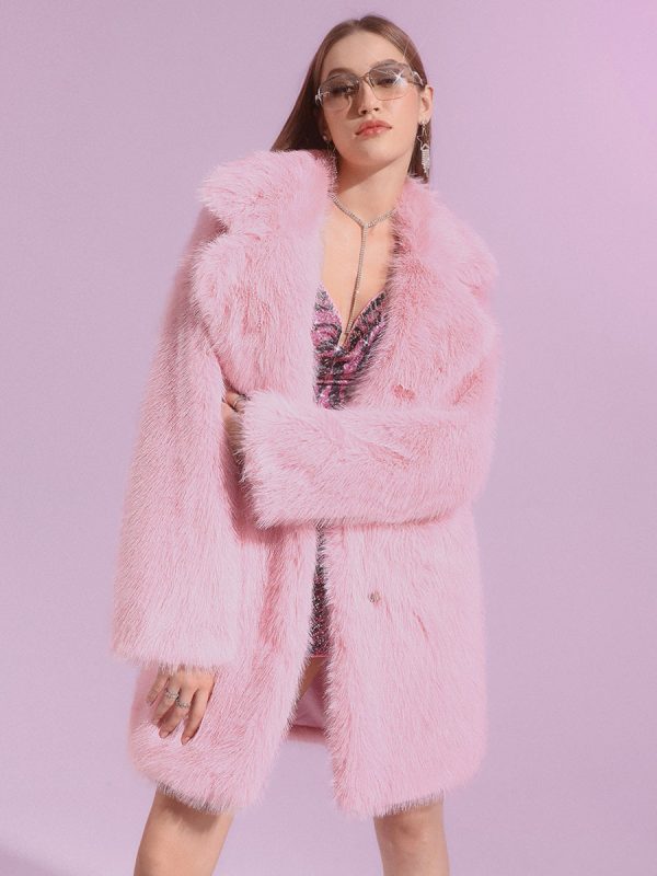 Pink Faux Fur Midi Coat With Notched Lapel Eco-friendly Long Jacket For Women 2025
