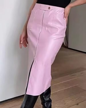 Pink Faux Leather Skirt With Pockets Raised Waist Spring Casual Slit Midi Skirt For Women 2025