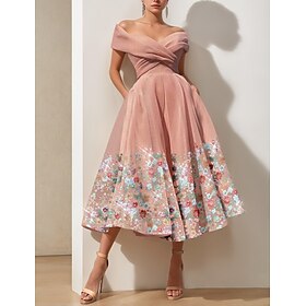 Pink Floral A-Line Cocktail Dresses Elegant Dress Formal Wedding Guest Ankle Length Short Sleeve Off Shoulder with Slit Embroidery Derby Dresses 2025