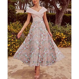 Pink Floral A-Line Embroidered Cocktail Dresses Elegant Dress Formal Wedding Guest Ankle Length Short Sleeve Off Shoulder Sequined with Glittery Derby Dresses