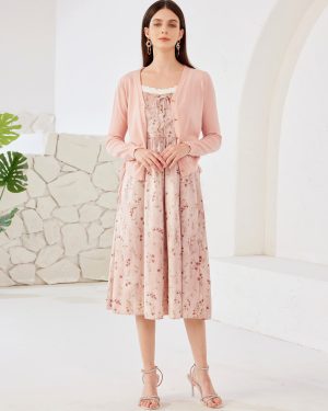 Pink Floral Midi Slip Dress With Knitted Cardigan For Women 2025