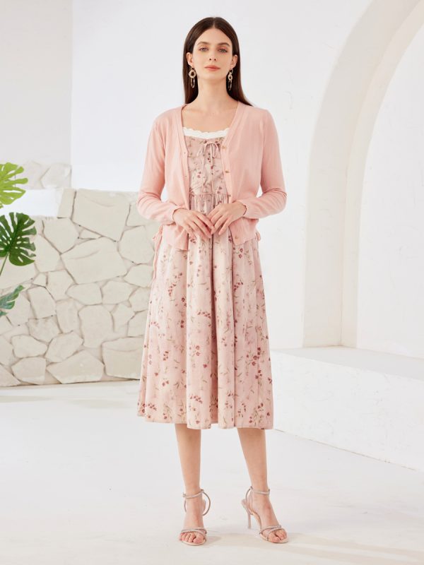 Pink Floral Midi Slip Dress With Knitted Cardigan For Women 2025