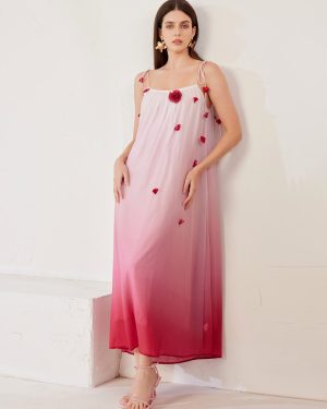 Pink Gradient Shift Dress With 3D Flowers Summer Beach Long Dress For Women 2025