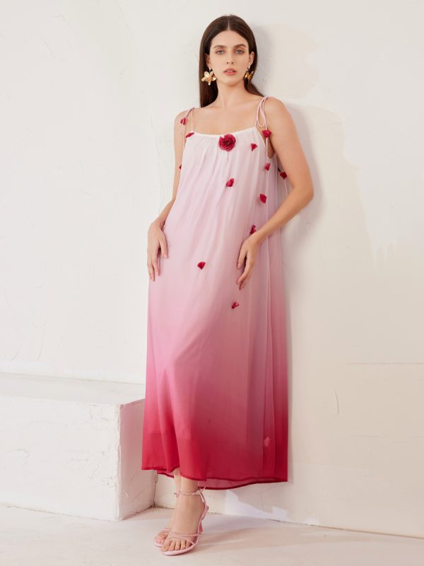 Pink Gradient Shift Dress With 3D Flowers Summer Beach Long Dress For Women 2025