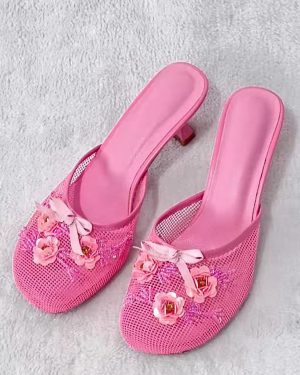 Pink High Heel Mules Mesh Round Toe Flowers Detail Bakcless Pumps
