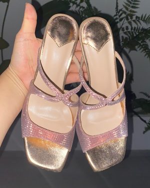 Pink High Heel Mules Metallic Open Toe Strappy Party Shoes