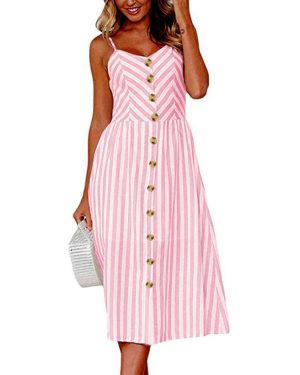 (Pink, M) Women Skater Midi Dress Spaghetti Straps Sleeveless High Waist Buttons Pockets A-Line