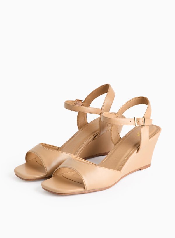 Pink Nude Faux Leather Wedge Sandals