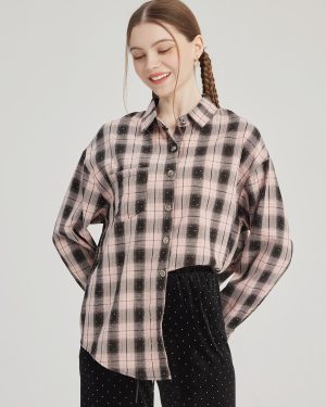Pink Plaid Printed Shirt Oversized Spring Tops For Women 2025