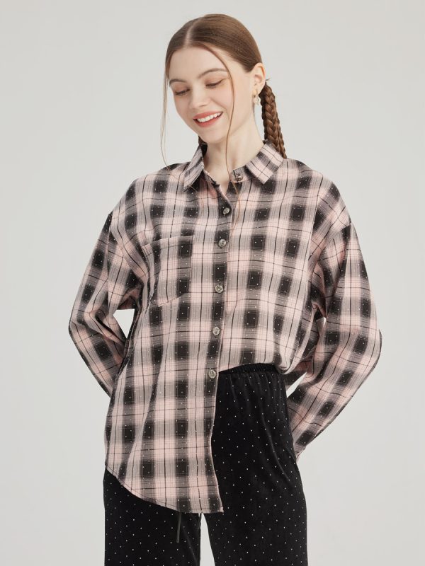 Pink Plaid Printed Shirt Oversized Spring Tops For Women 2025