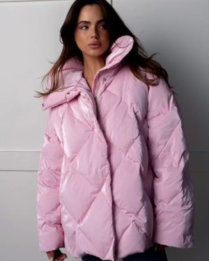 Pink Quilted Puffer Jacket Turndown Collar Oversized Zipper Casual Winter Outerwear For Women 2025