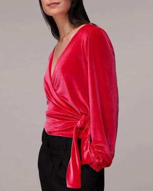 Pink Velvet V Neck Wrap Top