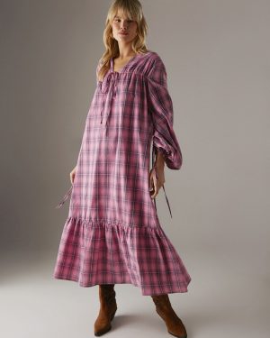 Pink WAREHOUSE Gathered Channel Detail Check Midi Smock Dress