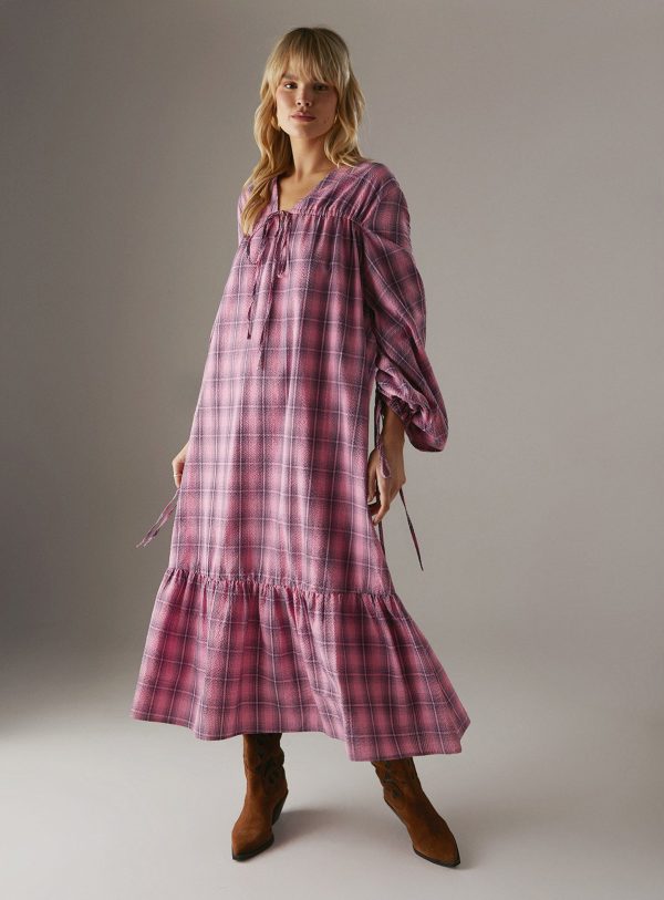 Pink WAREHOUSE Gathered Channel Detail Check Midi Smock Dress