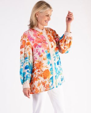 Pink & Orange Botanical Print Puff-Sleeved Blouse with Picot Lace Trim