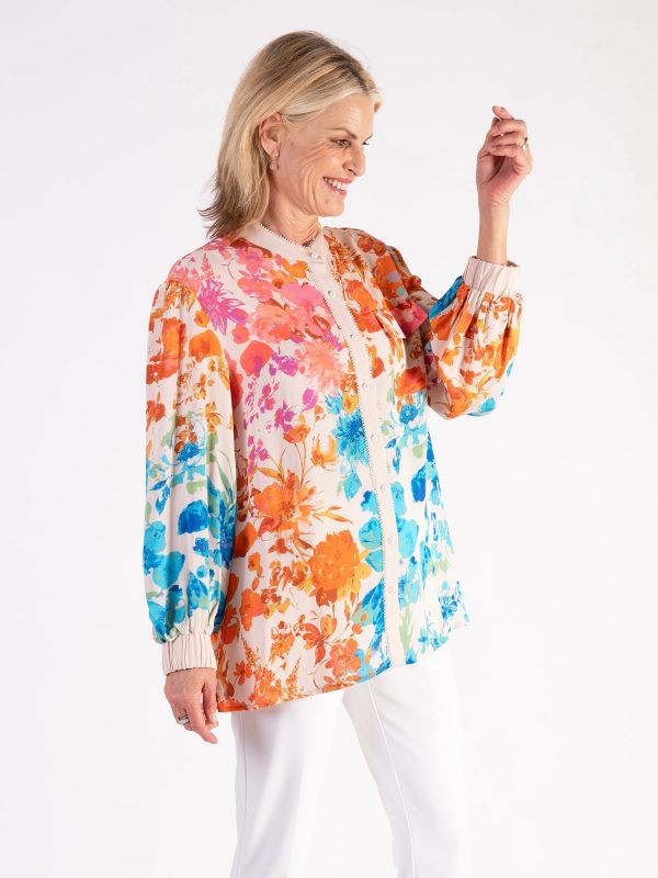 Pink & Orange Botanical Print Puff-Sleeved Blouse with Picot Lace Trim