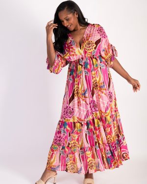 Pink/Multi V Front & Back Exotic Floral Print Tiered Maxi Dress with Tassel Tie Ruched Sleeves