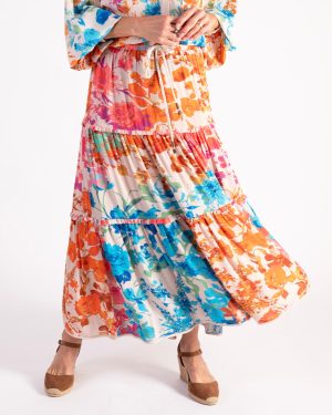 Pink/Orange Botanical Print Tiered Maxi Skirt