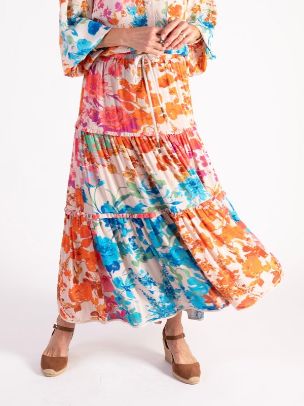 Pink/Orange Botanical Print Tiered Maxi Skirt