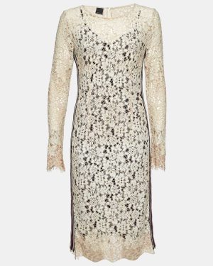 Pinko Beige Corded Lace Stripe Tape Detail Sheath Dress M