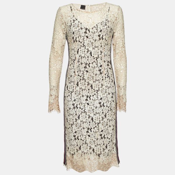 Pinko Beige Corded Lace Stripe Tape Detail Sheath Dress M