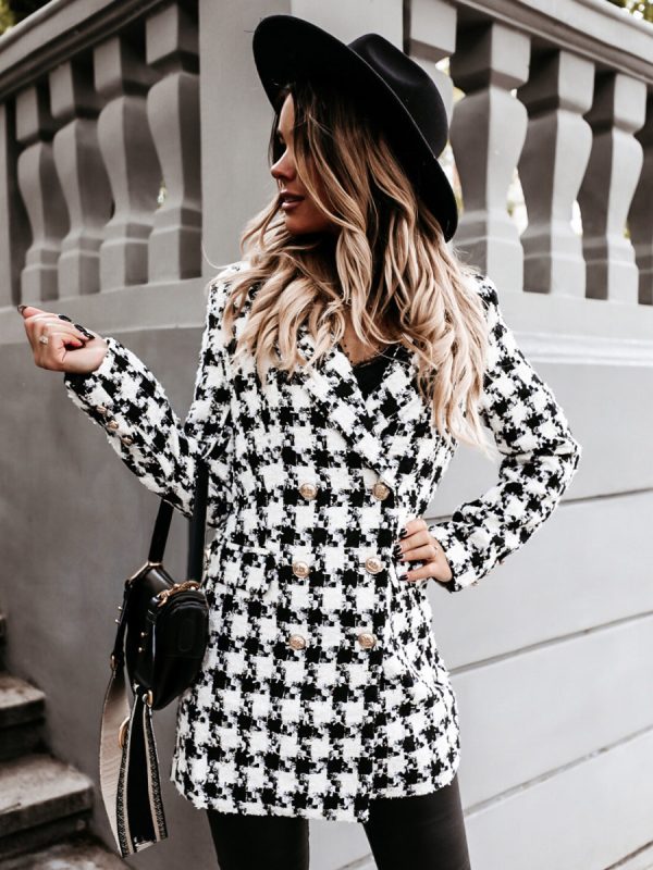 Plaid Coat Padded Shoulder Lapel Double Breast Fall Winter Outerwear