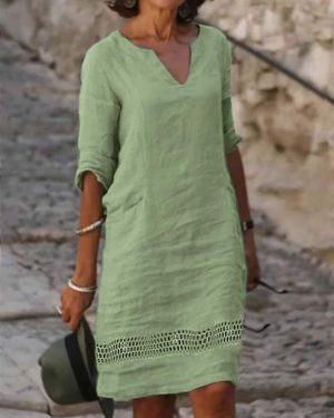 Plain Summer Linen No Elasticity Daily Short Short sleeve TUNIC No Dresses for Women