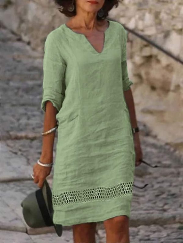 Plain Summer Linen No Elasticity Daily Short Short sleeve TUNIC No Dresses for Women