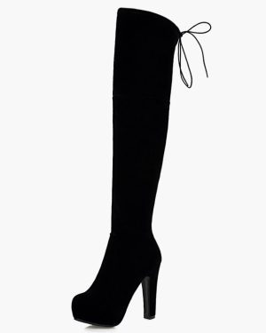Platform Over The Knee Boots Womens Monogram Suede Round Toe Chunky Heel Boots