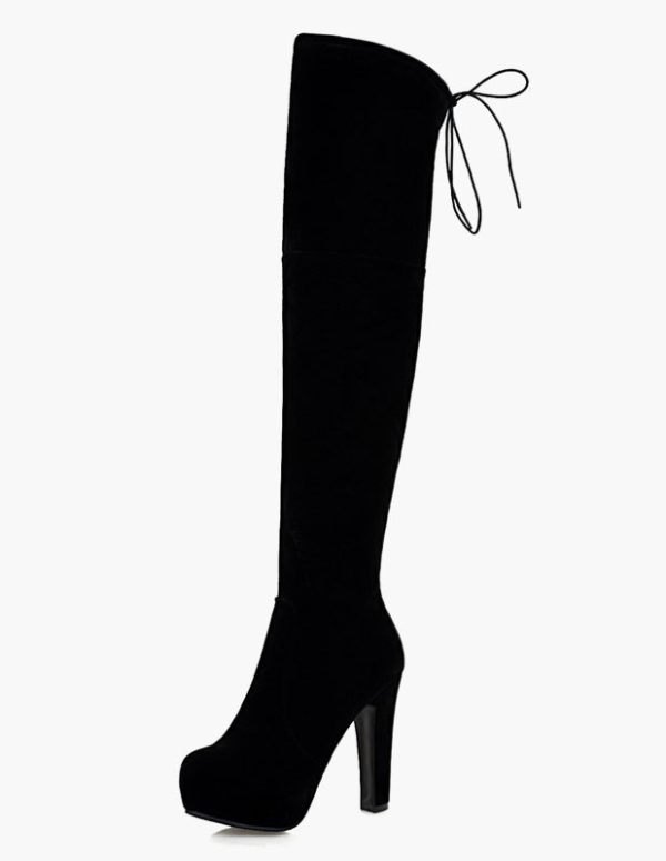 Platform Over The Knee Boots Womens Monogram Suede Round Toe Chunky Heel Boots