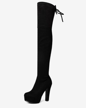 Platform Thigh High Boots Womens Micro Suede Almond Toe Chunky Heel Over The Knee Boots
