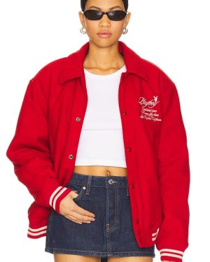 Playboy Est. LA Varsity Jacket in Red. Size M, S, XL/1X.
