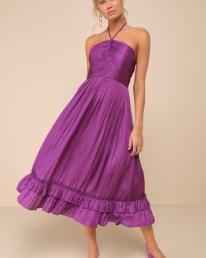 Pleasing Chicness Purple Satin Halter Tiered Midi Dress
